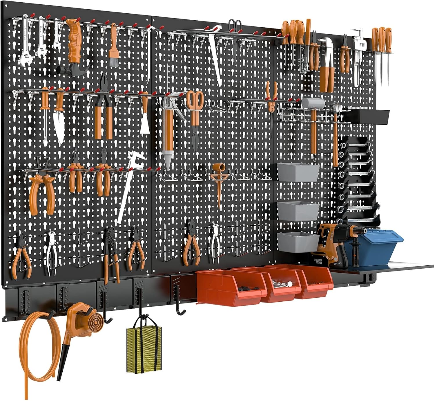 TORACK Metal Pegboard Wall Organizer System for Garage, 109PCS Kit with Pegboard Bins, Hooks, Peg Locks, Black Steel