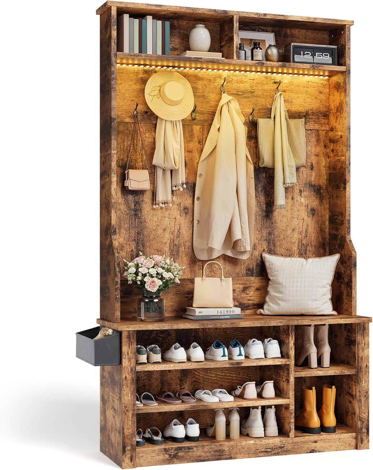 Aiho Hall Tree with Bench and Shoe Storage,5-in-1 Entryway Bench with Coat Rack, Adjustable LED Light, for Hallway, Living Room, Rustic Brown