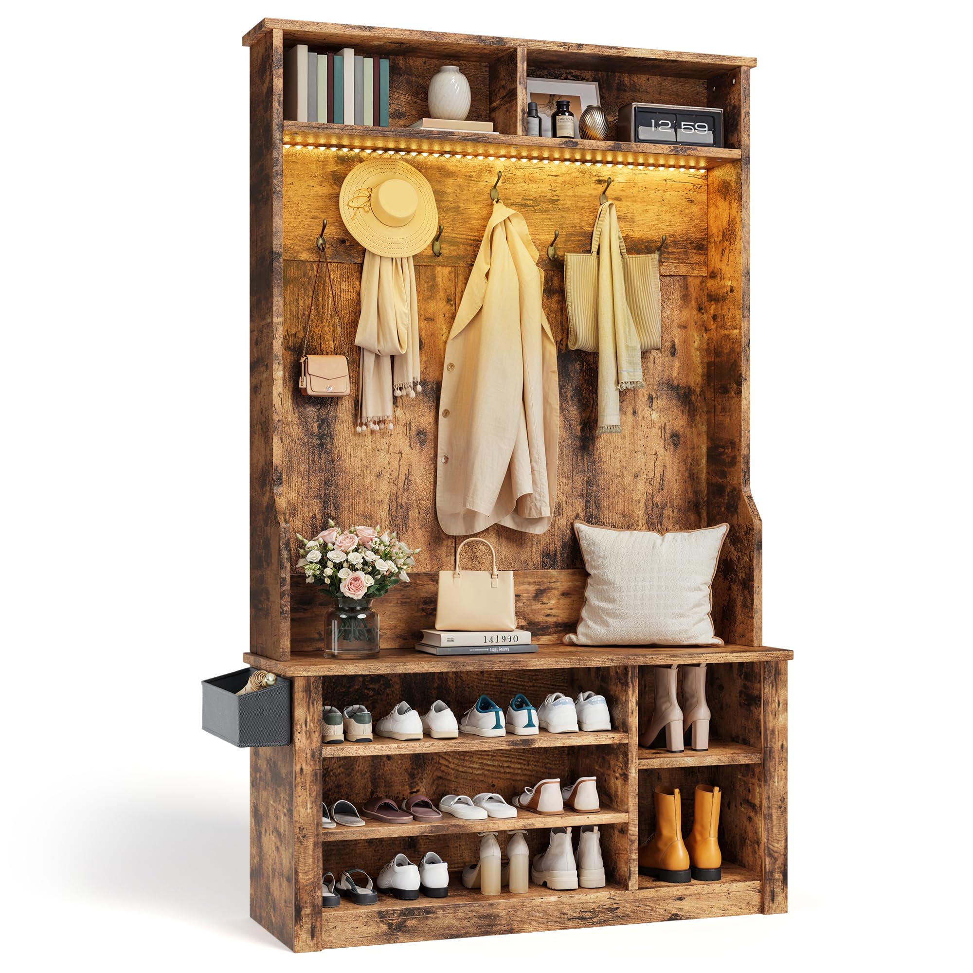 Aiho Hall Tree with Bench and Shoe Storage,5-in-1 Entryway Bench with Coat Rack, Adjustable LED Light, for Hallway, Living Room, Rustic Brown