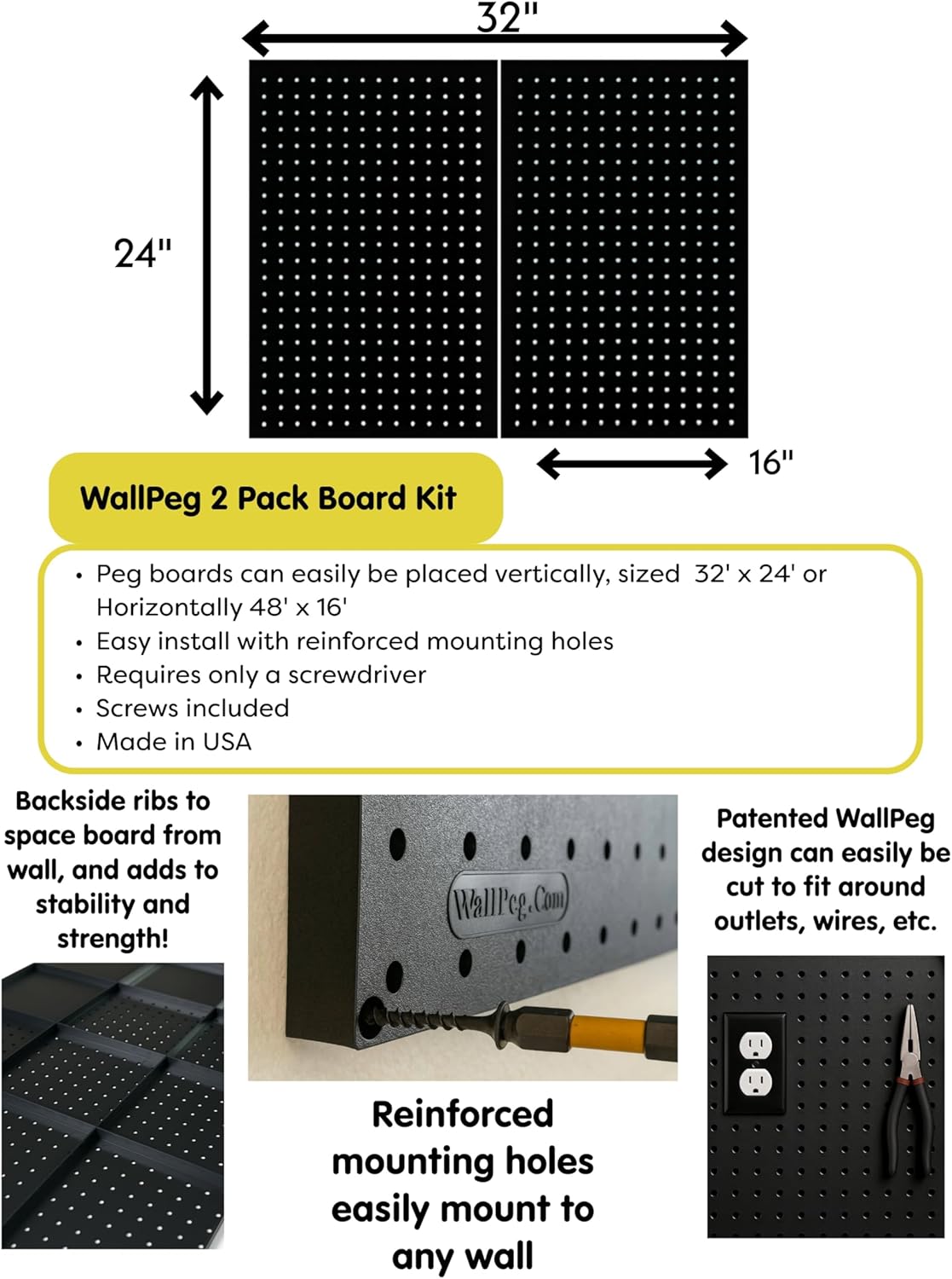 WALLPEG Pegboard Garage Organizer Kit – 48” Wide Wall Mounted Peg Board Panels with 36 Locking Hooks – Tool & Garage Organization System – Fits Standard 1/4” Pegboard
