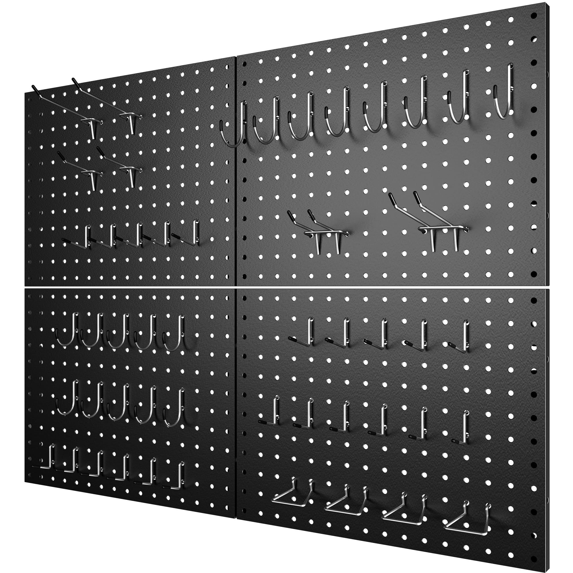 4 Pack Metal Pegboard Panels with 50 Hooks, Black Pegboard Wall Organizer, Pegboard Accessories, Heavy Duty Garage Tool Storage System for Workbench, Workshop, Office, Craft Room