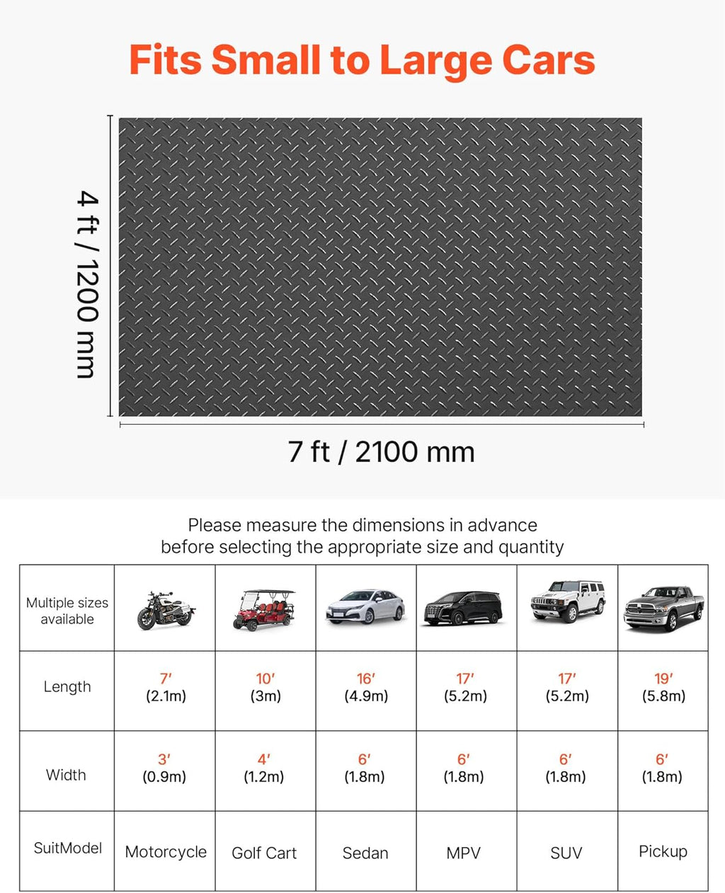 VEVOR Garage Floor Roll, 4 x 7 ft Garage Flooring Mat, 2.2 mm Thickened PVC Diamond Plate Floor Protector Mat with Double-Sided Tape, Non-Slip, Easy to Clean for Warehouse, Gyms, Trailer, Black