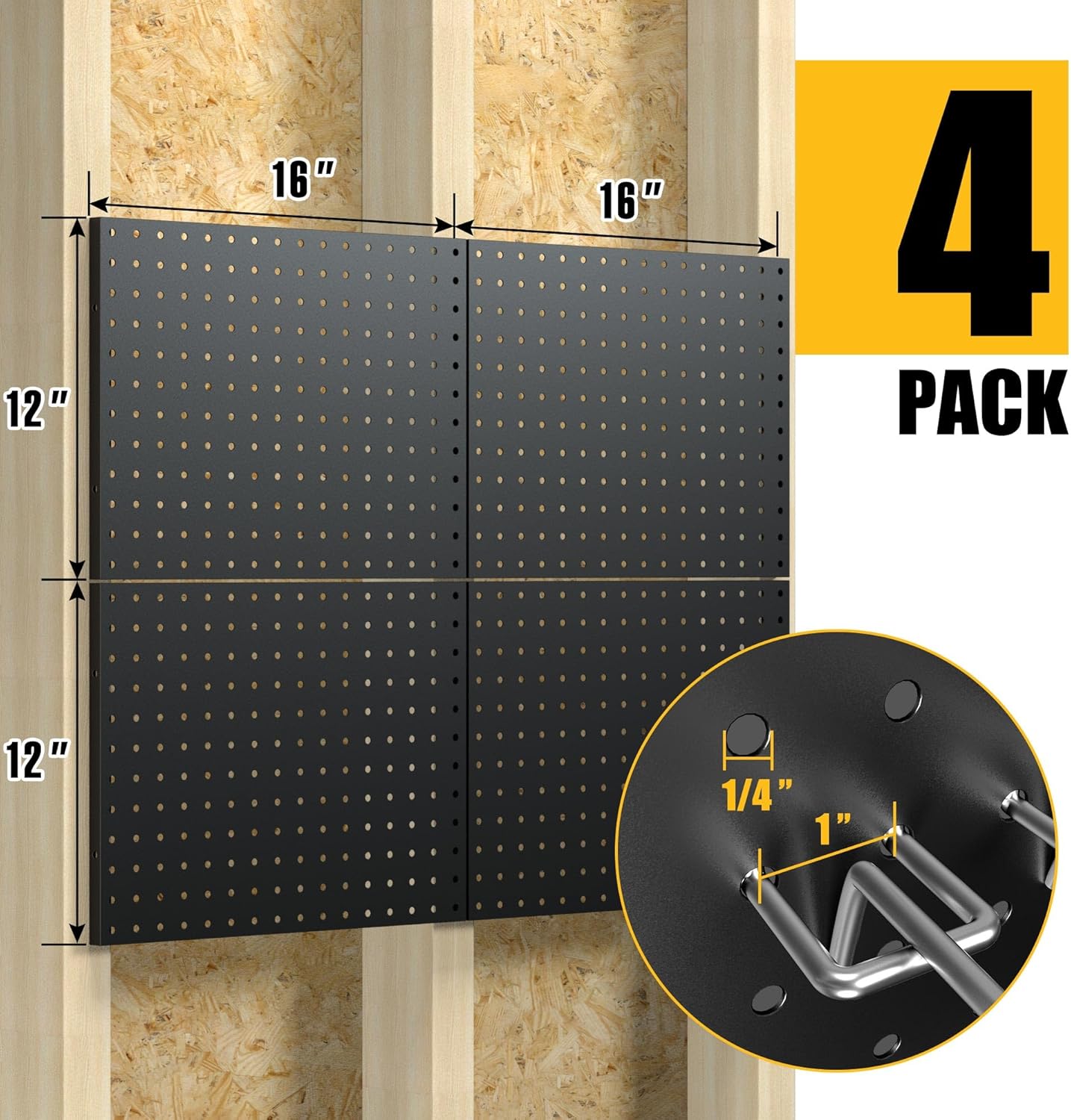 Spampur Peg Board, 4 Pack Metal Pegboard Panels with 50 Hooks, Black Pegboards Wall Organizer, Heavy Duty Peg Board for Walls Home, Garage Tool Storage, Office Organization, Craft Room, Kitchen