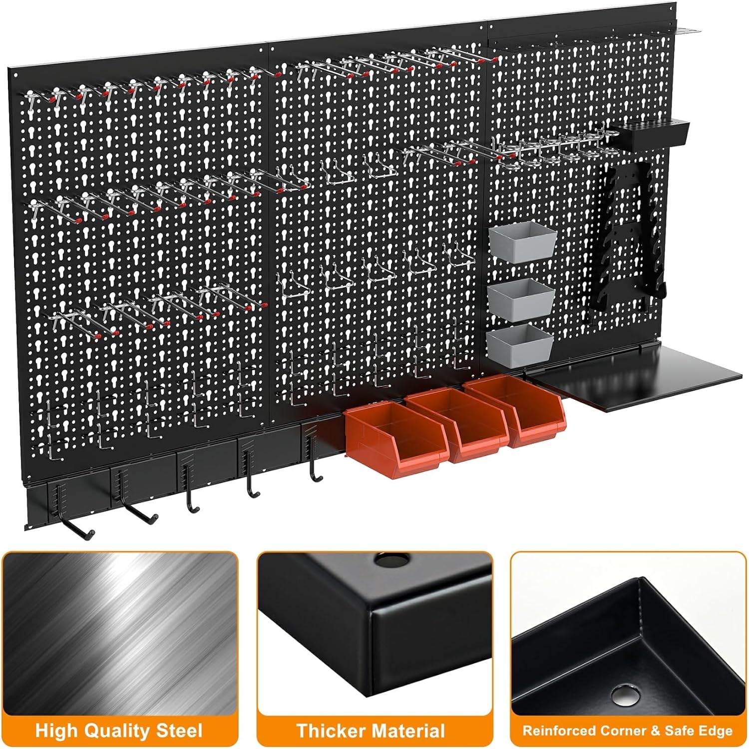 TORACK Metal Pegboard Wall Organizer System for Garage, 109PCS Kit with Pegboard Bins, Hooks, Peg Locks, Black Steel