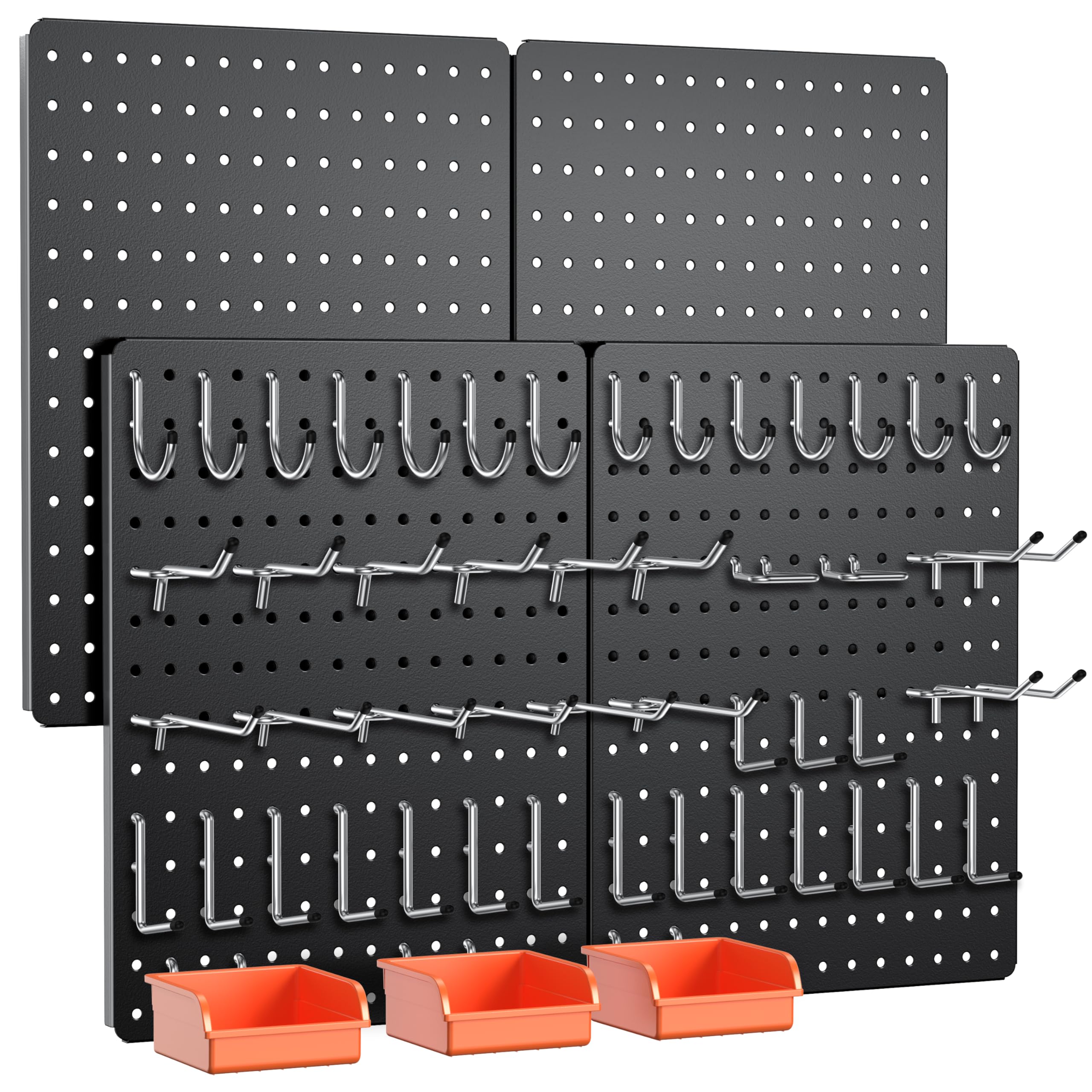 Peg Board, 110pcs Metal Pegboard Kit, Includes 4 Pack Black Peg Board Panels with Accessories and Hook Locks, Large Heavy Duty Peg Boards for Walls Home, Garage Tool Storage, Workbench