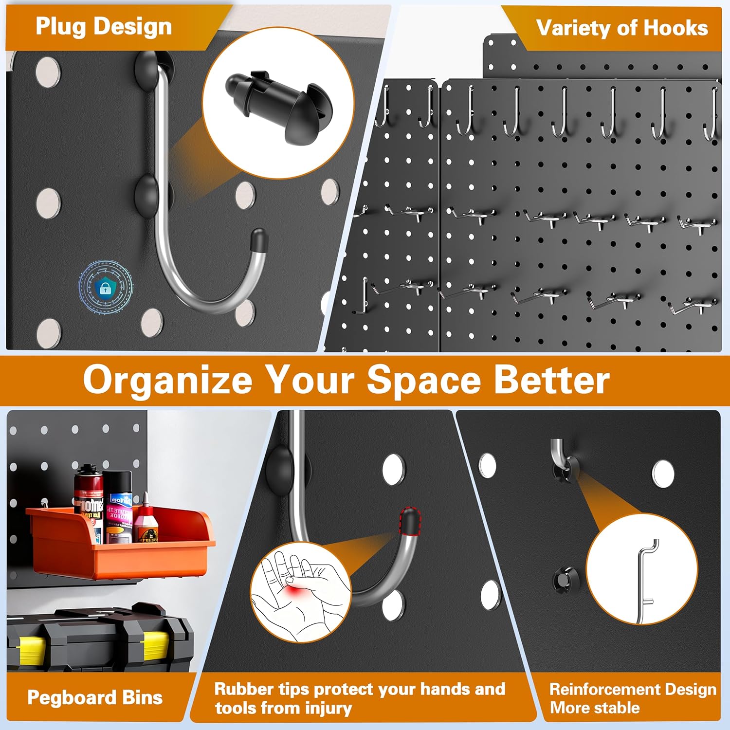 Peg Board, 110pcs Metal Pegboard Kit, Includes 4 Pack Black Peg Board Panels with Accessories and Hook Locks, Large Heavy Duty Peg Boards for Walls Home, Garage Tool Storage, Workbench