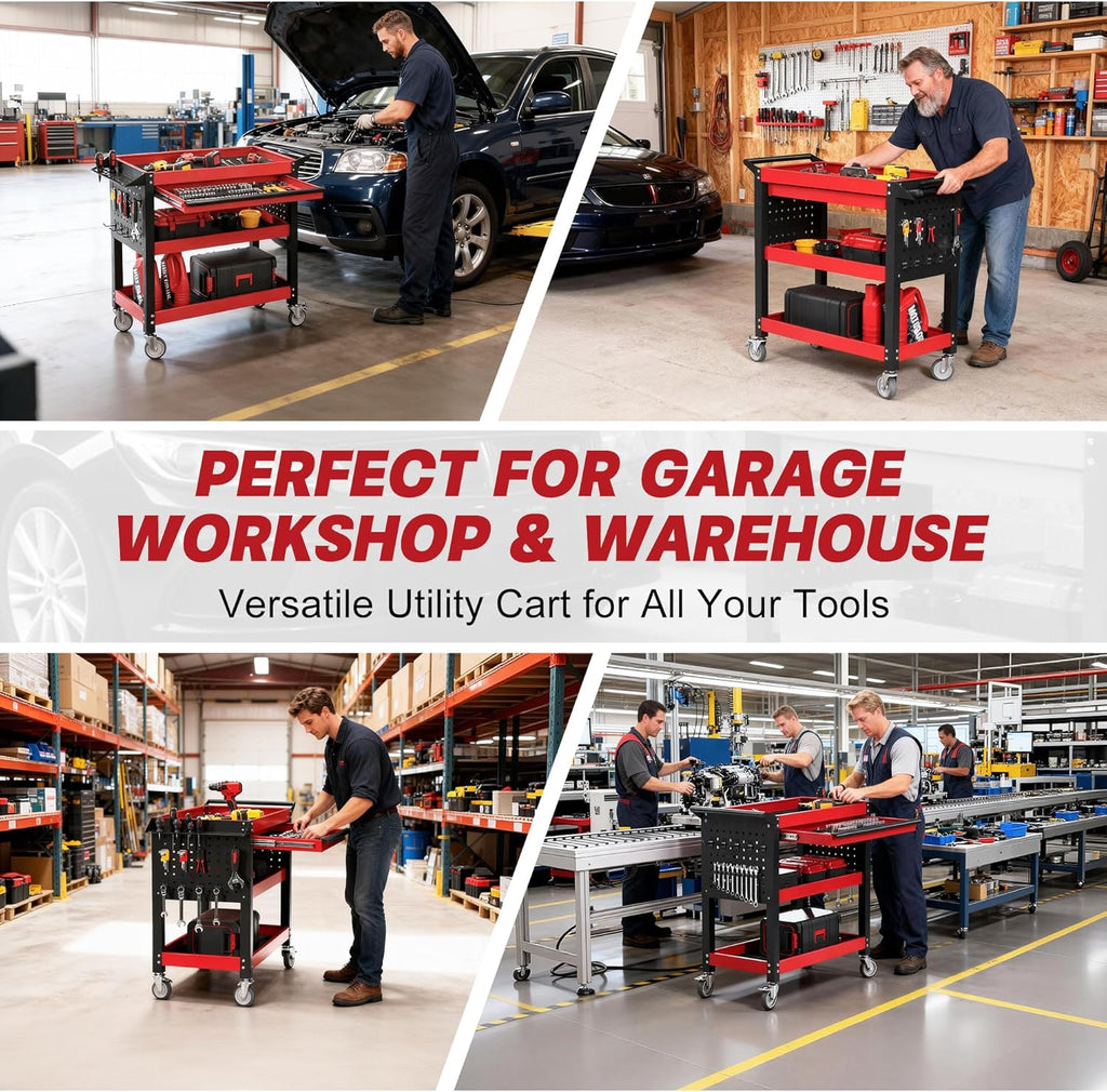 3 Tier Tool Cart on Wheels, Heavy Duty Metal Rolling with Drawers and Pegboards, 660 LBS Load Capacity Tool Storage Cart, Industrial Utility for Garage, Warehouse, Workshop