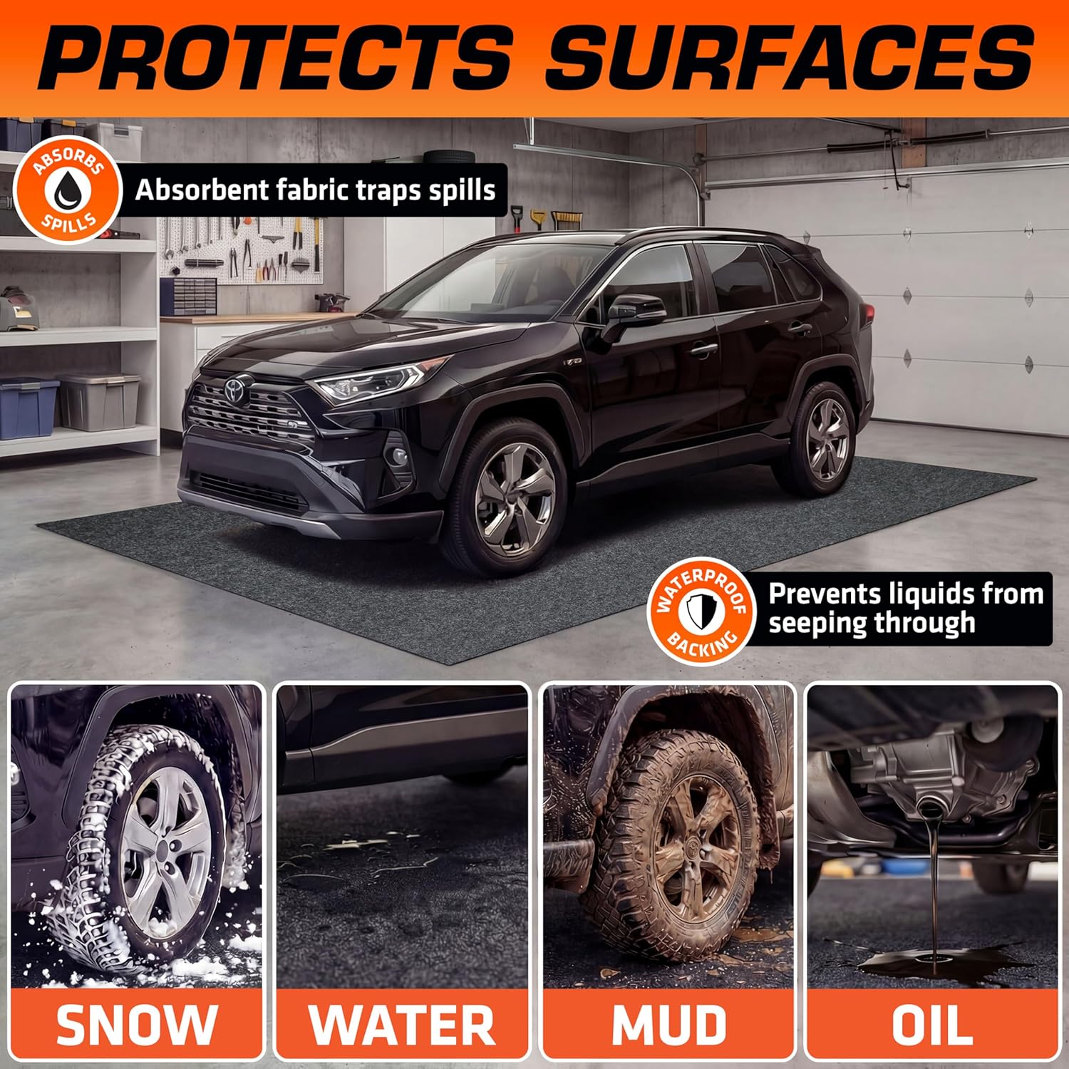 Armor All Garage Floor Mat (17' x 7'4"), Waterproof Garage Flooring, Absorbent, Premium Oil Spill Resistant Garage Pad, Durable, Protects Surfaces (Includes Double Sided Tape) (USA Made)